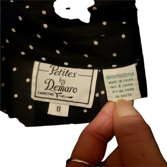Petites by Demaro Womens Sz 8 Black White Polka Dot Long Sleeve Tie Blouse - Picture 2 of 9